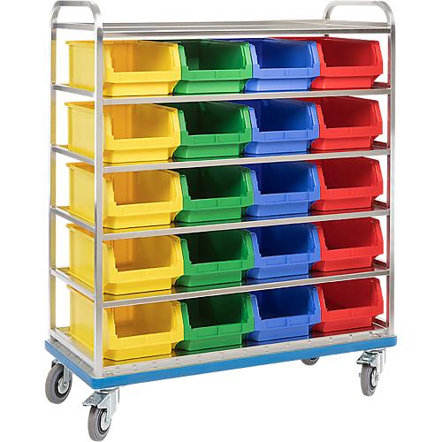 Regalwagen GMÖHLING G®-Rack E 2801, durchbrochen, bis 300 kg, 6 Etagen, für 24 Sichtlagerkästen