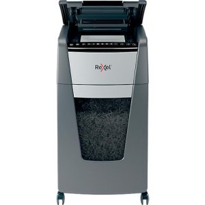 Rexel Aktenvernichter Optimum AutoFeed+ 300X, Vollautomatik, Partikelschnitt 4 x 25 mm, P-4, 60 l, 10-300 Blatt Schnittleistung, mit Lenkrollen, schwarz