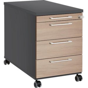 Rollcontainer 1333, 3 Schübe & 1 Utensilienauszug, abschließbar, eckige Griffe, Holz/Stahl/Kunststoff, B 434 x T 600 x H 613 mm, graphit/Eiche Rollcontainer 1333, 3 Schübe & 1 Utensilienauszug, abschließbar, eckige Griffe, Holz/Stahl/Kunststoff, B 434 x T 600 x H 613 mm, graphit/Eiche