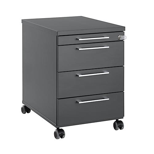 Rollcontainer 1333, 3 Schübe & 1 Utensilienauszug, abschließbar, eckige Griffe, Holz/Stahl/Kunststoff, B 434 x T 800 x H 613 mm, graphit