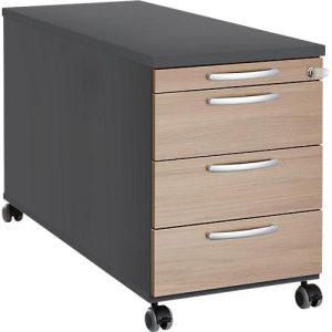 Rollcontainer 1333, 3 Schübe & 1 Utensilienauszug, abschließbar, runde Griffe, Holz/Stahl/Kunststoff, B 434 x T 800 x H 613 mm, graphit/Eiche Rollcontainer 1333, 3 Schübe & 1 Utensilienauszug, abschließbar, runde Griffe, Holz/Stahl/Kunststoff, B 434 x T 800 x H 613 mm, graphit/Eiche