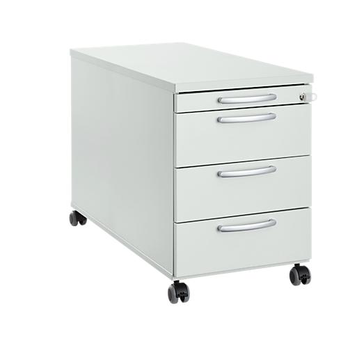 Rollcontainer 1333, 3 Schübe & 1 Utensilienauszug, abschließbar, runde Griffe, Holz/Stahl/Kunststoff, B 434 x T 800 x H 613 mm, lichtgrau