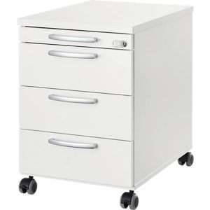 Rollcontainer 1333, 3 Schübe & 1 Utensilienauszug, abschließbar, runde Griffe, Holz/Stahl/Kunststoff, B 434 x T 800 x H 613 mm, weiß