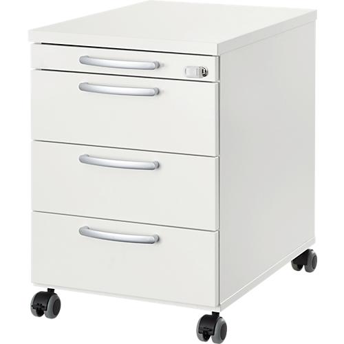 Rollcontainer 1333, 3 Schübe & 1 Utensilienauszug, abschließbar, runde Griffe, Holz/Stahl/Kunststoff, B 434 x T 800 x H 613 mm, weiß