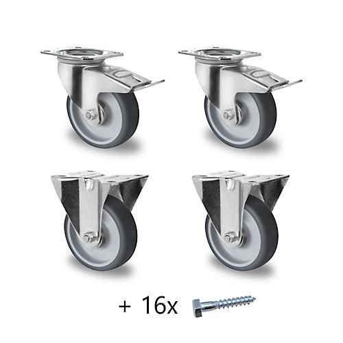 Rollen Set für Palettenbehälter Big Box FP-FBO1210 mit Volumen 680 l, 2x Lenkrollen mit Feststeller, 2x Bockrollen & Schrauben, ø 100 mm, TPE, grau
