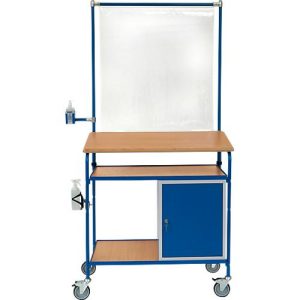 Rollpult, 3 Etagen, Schrank, Infektionsschutzrahmen, 2 Halterungen für Desinfektionsmittelflaschen/Sprühflaschen, RAL 5007 Rollpult, 3 Etagen, Schrank, Infektionsschutzrahmen, 2 Halterungen für Desinfektionsmittelflaschen/Sprühflaschen, RAL 5007