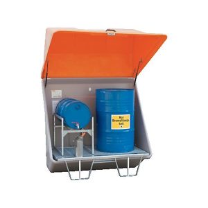 Schadstoff-Sammelstation CEMO, Gitterrost, 200 l Auffangvolumen, Aufstellung im Freien, mit Haube, B 1500 x T 850 x H 2110 mm Schadstoff-Sammelstation CEMO, Gitterrost, 200 l Auffangvolumen, Aufstellung im Freien, mit Haube, B 1500 x T 850 x H 2110 mm