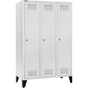 Schäfer Shop Genius Kleiderspind mit Füßen, 3 Abteile, 400 mm Abteilbreite, Zylinderschloss, lichtgrau/lichtgrau