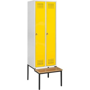 Schäfer Shop Genius Kleiderspind mit Sitzbank, 2 Abteile, Sicherheitsdrehriegelverschluss, lichtgrau/gelb