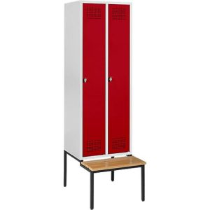 Schäfer Shop Genius Kleiderspind mit Sitzbank, 2 Abteile, Sicherheitsdrehriegelverschluss, lichtgrau/rot