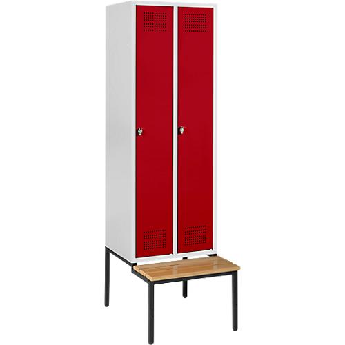Schäfer Shop Genius Kleiderspind mit Sitzbank, 2 Abteile, Sicherheitsdrehriegelverschluss, lichtgrau/rot
