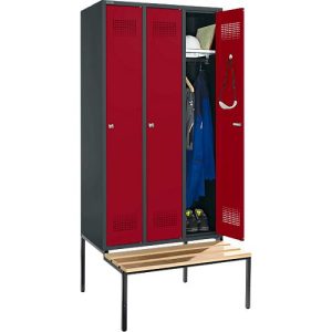 Schäfer Shop Genius Kleiderspind mit Sitzbank, 3 Abteile, 300 mm Abteilbreite, Zylinderschloss, anthrazit/rubinrot