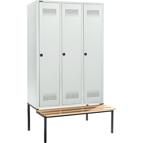 Schäfer Shop Genius Kleiderspind mit Sitzbank, 3 Abteile, 400 mm Abteilbreite, Sicherheitsdrehriegelverschluss, lichtgrau/lichtgrau