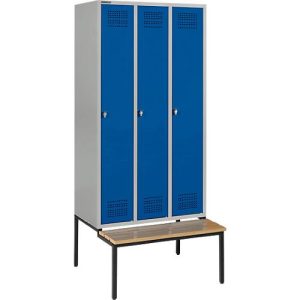 Schäfer Shop Genius Kleiderspind mit Sitzbank, 3 Abteile, Drehverschluss, hellsilber/enzianblau