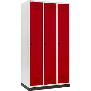 Schäfer Shop Genius Kleiderspind mit Sockel, 3 Abteile, 300 mm Abteilbreite, Sicherheitsdrehriegelverschluss, rubinrot