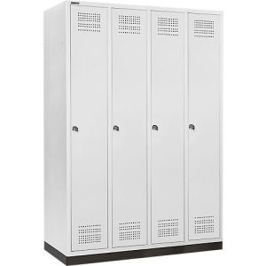 Schäfer Shop Genius Kleiderspind mit Sockel, 4 Abteile, 300 mm Abteilbreite, Zylinderschloss, lichtgrau