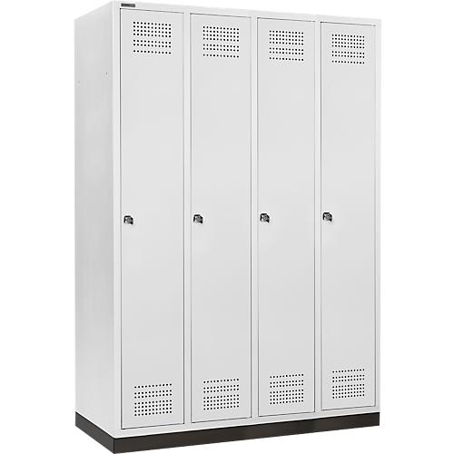 Schäfer Shop Genius Kleiderspind mit Sockel, 4 Abteile, 300 mm Abteilbreite, Zylinderschloss, lichtgrau