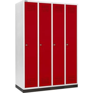 Schäfer Shop Genius Kleiderspind mit Sockel, 4 Abteile, 300 mm Abteilbreite, Zylinderschloss, rubinrot Schäfer Shop Genius Kleiderspind mit Sockel, 4 Abteile, 300 mm Abteilbreite, Zylinderschloss, rubinrot
