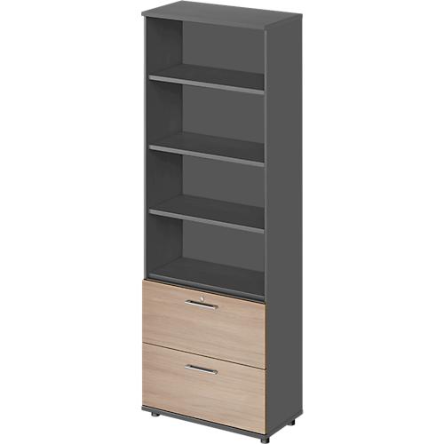 Schäfer Shop Genius Kombischrank TETRIS WOOD, 6 OH, H 2270 mm, 2 Hängeregistraturauszüge, Höhe inkl. Gleiter, graphit/Eiche