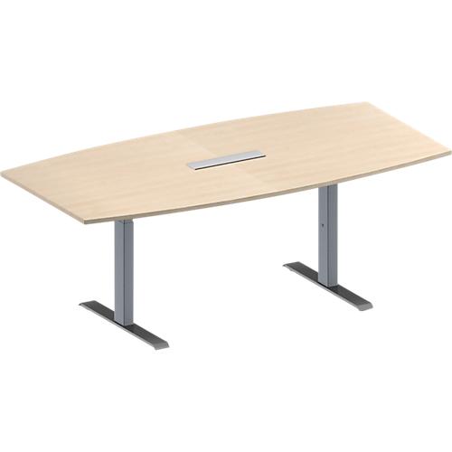 Schäfer Shop Genius Konferenztisch MODENA FLEX, 6-fach Anschluss, Boot, T-Fuß Rechteckrohr, B 2000 x H 650-850 mm, Ahorn/weißalu