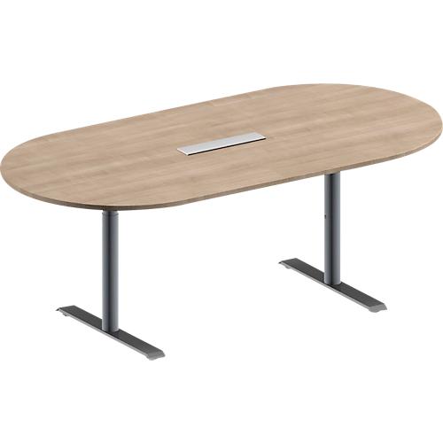 Schäfer Shop Genius Konferenztisch MODENA FLEX, 6-fach Anschluss, Oval, T-Fuß Rundrohr, B 2000 x T 1000 x H 650-850 mm, Eiche-Dekor/weißalu