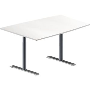 Schäfer Shop Genius Konferenztisch MODENA FLEX, Tonne, T-Fuß Rundrohr, B 1400 x T 1000 x H 650-850 mm, weiß/weißaluminium RAL 9006 Schäfer Shop Genius Konferenztisch MODENA FLEX, Tonne, T-Fuß Rundrohr, B 1400 x T 1000 x H 650-850 mm, weiß/weißaluminium RAL 9006