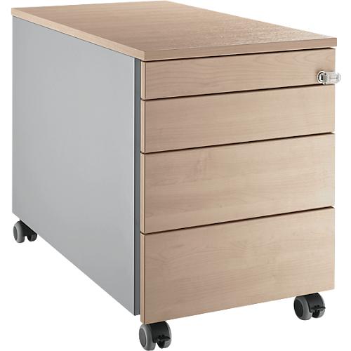 Schäfer Shop Genius Rollcontainer 1233, 3 Schubladen, 1 Utensilienauszug, Zentralverschluss, seitliche Griffnut, B 435 x T 765 x H 577 mm, weißalu/Eiche-Dekor