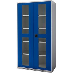 Schäfer Shop Genius Sichttürschrank FS, 5 OH, abschließbar, 4 Fachböden, bis 450 kg, B 1055 mm, Stahl, weißaluminium RAL 9006/enzianblau RAL 5010