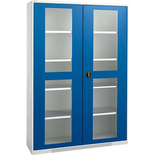 Schäfer Shop Genius Sichttürschrank FS, 5 OH, abschließbar, 4 Fachböden, bis 450 kg, B 1343 mm, Stahl, lichtgrau RAL 7035/enzianblau RAL 5010