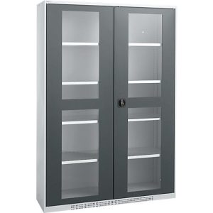 Schäfer Shop Genius Sichttürschrank FS, 5 OH, abschließbar, 4 Fachböden, bis 450 kg, B 1343 mm, Stahl, weißaluminium RAL 9006/anthrazitgrau RAL 7016