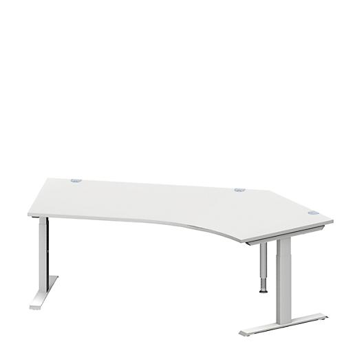 Schäfer Shop Genius Winkelschreibtisch MODENA FLEX, 135° Winkel rechts, T-Fuß Rechteckrohr, B 2165 x T 800/800 x H 650-850 mm, lichtgrau/weißalu