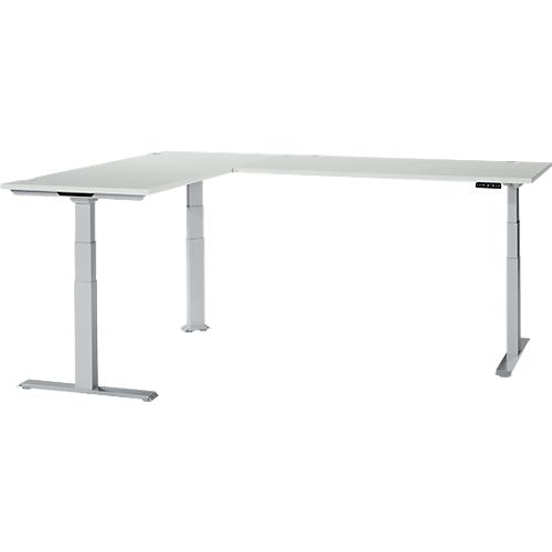 Schäfer Shop Genius Winkelschreibtisch Modena Flex, elektrisch höhenverstellbar, 90° Winkel beidseitig, B 2000 x T 2400 mm, lichtgrau/weißaluminium