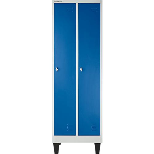 Schäfer Shop Pure Kleiderspind, 2 Abteile mit Hutboden/Kleiderstange/Kleiderhaken, Füße, Drehriegelverschluss, B 600 x T 500 x H 1850 mm, Stahlblech, lichtgrau/enz.blau