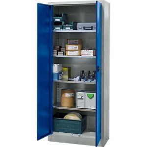 Schäfer Shop Pure Materialschrank, abschließbar, 4 Böden, B 800 x T 400 x H 1935 mm, Stahl, lichtgrau/enzianblau
