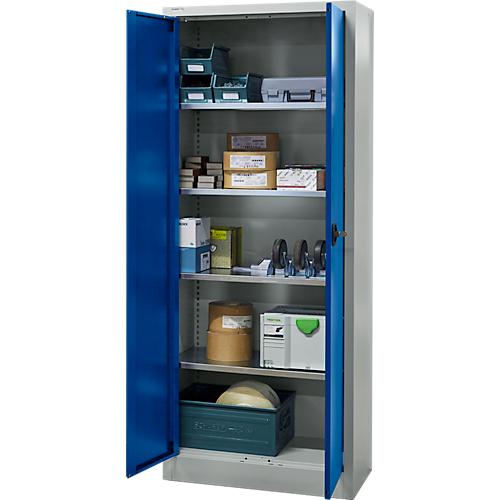 Schäfer Shop Pure Materialschrank, abschließbar, 4 Böden, B 800 x T 400 x H 1935 mm, Stahl, lichtgrau/enzianblau