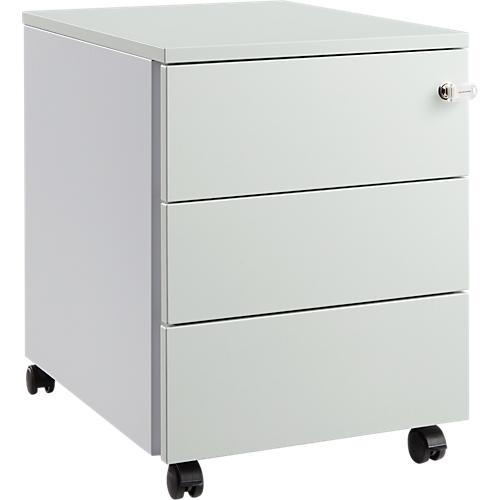 Schäfer Shop Pure Rollcontainer 333, Stahlkorpus, Holzfront, Rollen, abschließbar, B 435 x T 565 x H 567 mm, 3 Schübe, lichtgrau/weißaluminium
