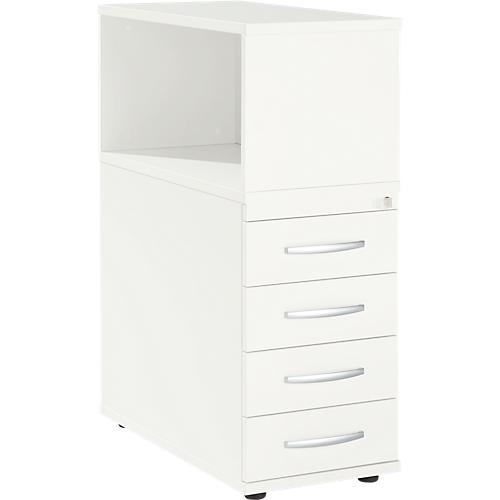Schäfer Shop Select Anstellcontainer LOGIN, mit Aufsatzregal, 4 Schübe, B 409 x T 800 x H 1120 mm, Holz, abschließbar, weiß/weiß