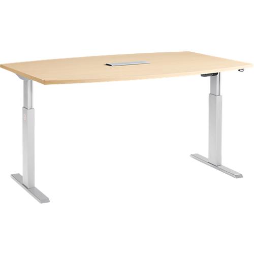 Schäfer Shop Select Besprechungstisch ERGO-T, mit Anschluss, elektrisch höhenverstellbar, Boot, T-Fuß, B 2000 x H 725-1185 mm, Ahorn/weißalu