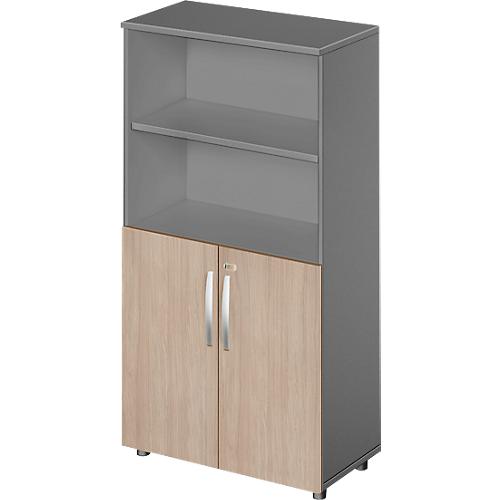 Schäfer Shop Select Kombischrank LOGIN, oben 2 Regale, unten 2 Ordnerhöhen mit Türen, B 800 x T 420 x H 1514 mm, graphit/Eiche