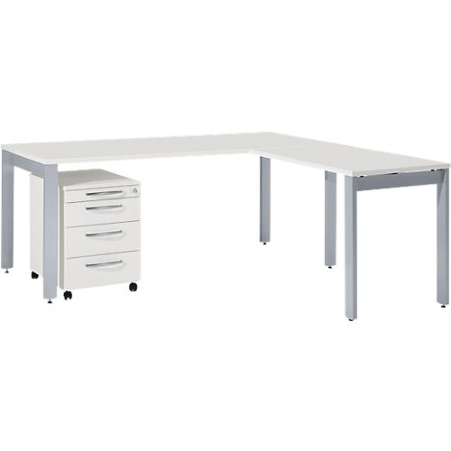 Schäfer Shop Select Komplettset LOGIN, 4-Fuß Schreibtisch 1800 mm, 4-Fuß Anbautisch, Rollcontainer, lichtgrau