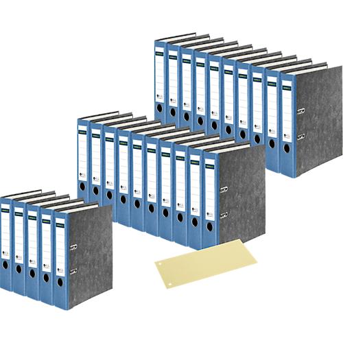 Schäfer Shop Select Ordner, A4, Rückenbreite 50 mm, Qualitäts-Hebelmechanik, Griffloch, 25 Stück, blau + gratis Trennstreifen, gelb, 100 Stück