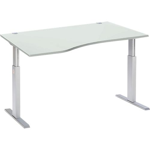 Schäfer Shop Select Schreibtisch ERGO-T, elektrisch höhenverstellbar, Freiform, Ansatz links, T-Fuß, B 1800 x H 725-1185 mm, lichtgrau/weißalu