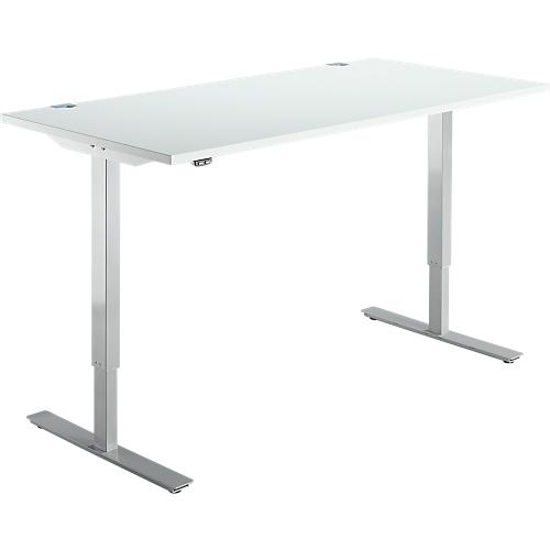 Schäfer Shop Select Schreibtisch Start Off, elektrisch höhenverstellbar, Rechteck, T-Fuß, B 1600 x T 800 x H 755-1255 mm, lichtgrau/weißaluminium