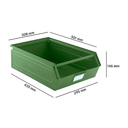 Schäfer Shop Select Sichtlagerkasten, mit Tragestab, 18,5 l, 80 kg, L 501 x B 308 x H 146 mm, Stahl, RAL 6011 (resadagrün)