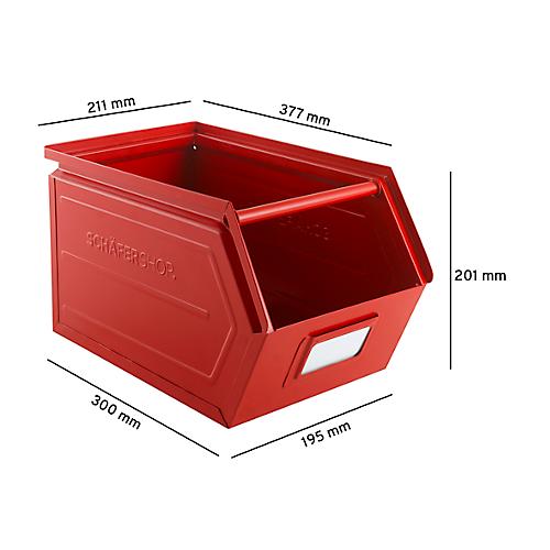 Schäfer Shop Select Sichtlagerkasten, mit Tragestab, L 377 x B 211 x H 201 mm, 11,5 l, 60 kg, Stahl, RAL 3000 (feuerrot)