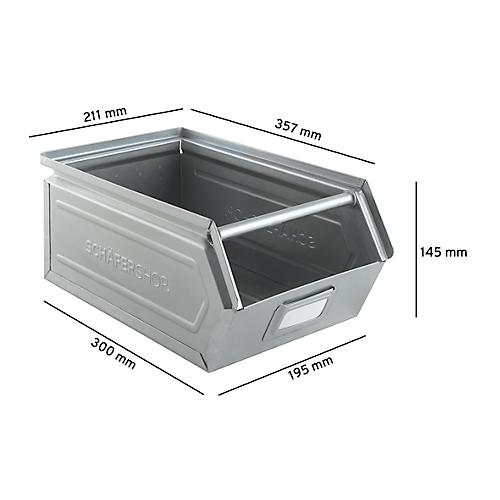 Schäfer Shop Select Sichtlagerkasten mit Tragestab, Stahl, L 361 x B 211 x H 145 mm, 8,5 l, 60 kg, galvanisch verzinkt