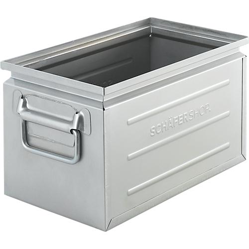 Schäfer Shop Select Stapelbox, Volumen 13,4 l, 80 kg, Faltgriffe, L 379 x B 207 x H 200 mm, Stahlblech, galvanisch verzinkt