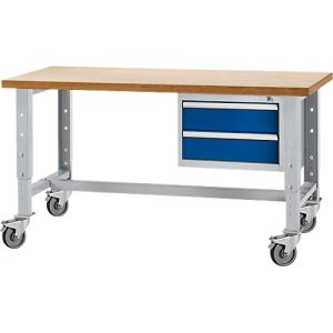 Schäfer Shop Select Werkbank, mobil, höhenverstellbar, Unterbau, 2 Schübe & Zentralverschluss, bis 200 kg, B 1500 mm, w.alu. RAL 9006/enz.blau RAL 5010
