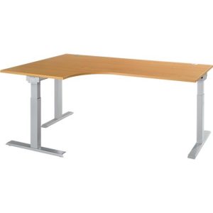 Schäfer Shop Select Winkelschreibtisch ERGO-T 2.0, 90° Winkel, Ansatz links, T-Fuß, B 2000 x T 1200/800 x H 675-895 mm, Buche/weißalu