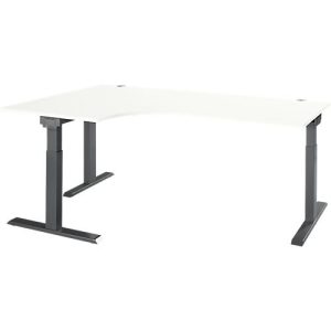 Schäfer Shop Select Winkelschreibtisch ERGO-T 2.0, 90° Winkel, Ansatz links, T-Fuß, B 2000 x T 1200/800 x H 675-895 mm, weiß/anthrazit